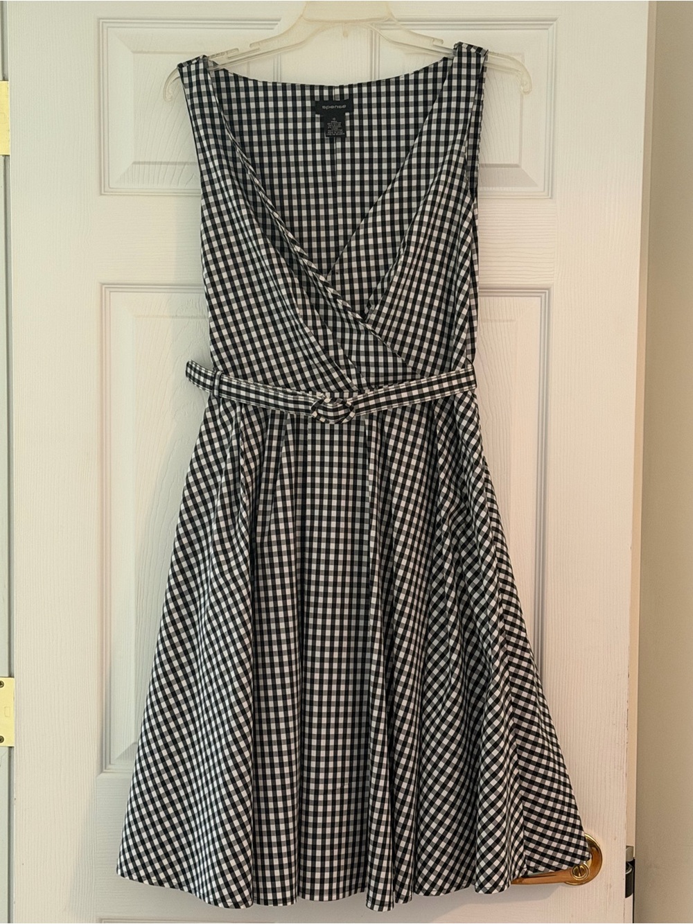 Sleeveless Black and White Gingham Wrap Dress with Belt